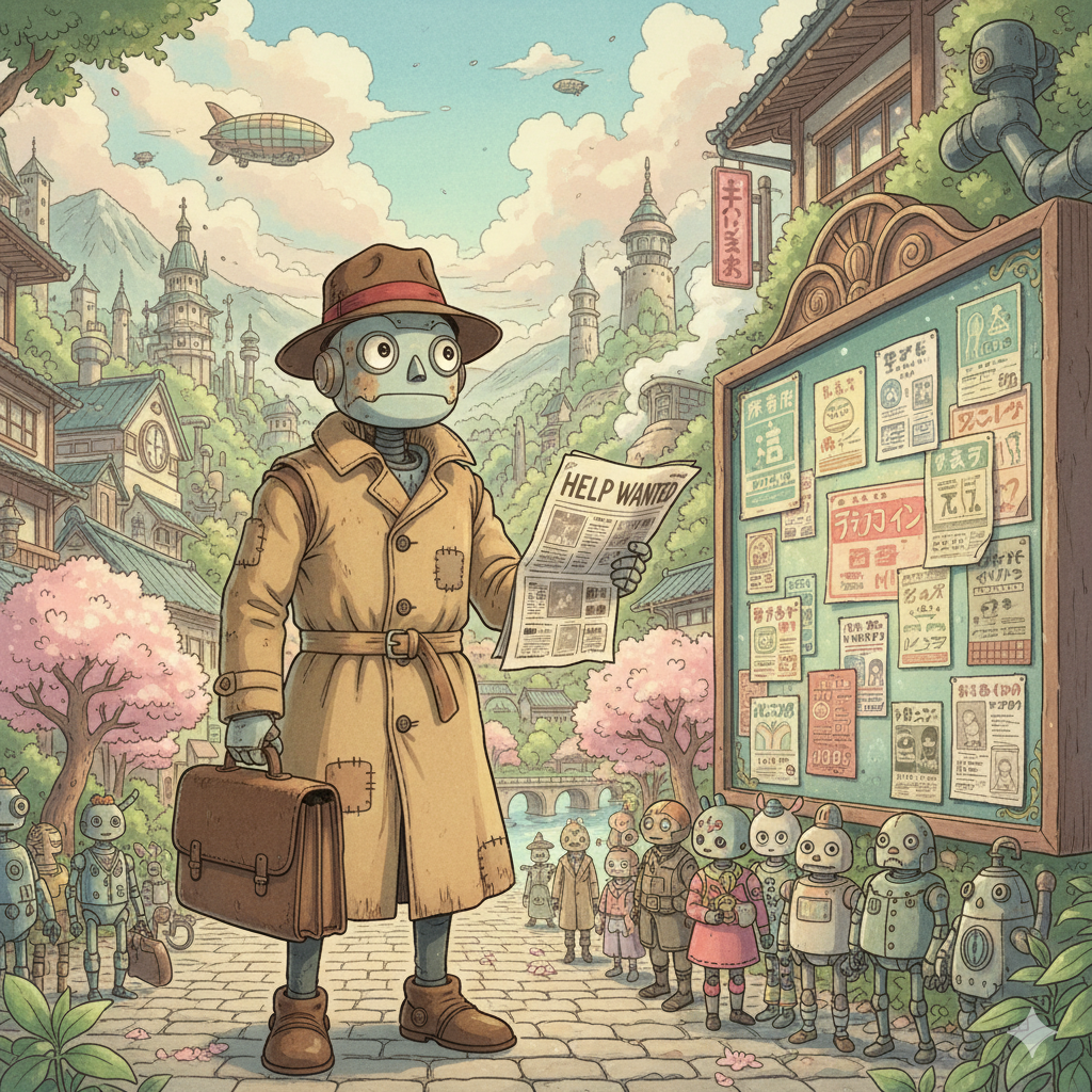 Illustration of a robot job seeker reviewing help-wanted listings in a whimsical town